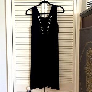Medium knee-length black dress with cross-lace detail in the back from Nordstrom